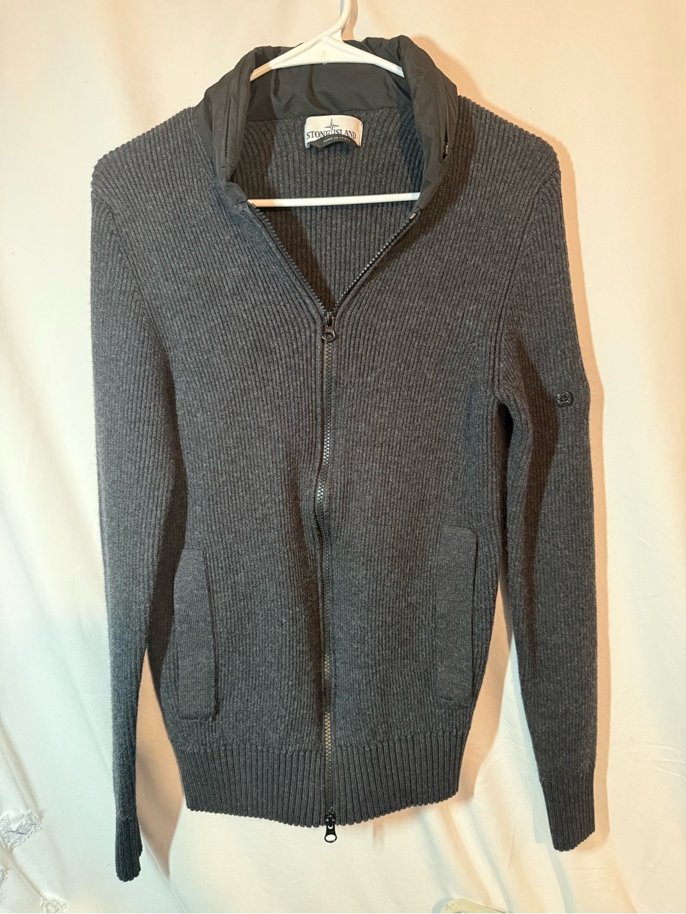 Stone Island Men’s XL 100% Wool Ribbed Full Zip Hooded Sweater Gray Italy